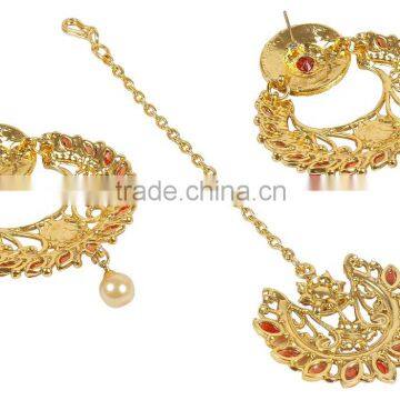 Indisn Gold Plated Crystal Made Dangle & Drop Design Earring With Maang Tikka For Women photo-4