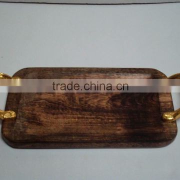 WOODEN TRAY, RECTANGULAR SERVING TRAY, WOODEN TRAY WITH BRASS HANDLE