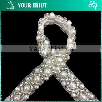 Cross Line Transparent Bugle White Pearls White Organza Trimming