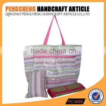 Women stripe paper straw beach bag contains the beach mat and pillow                        
                                                Quality Choice