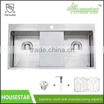 Customized Top Mount Stainless Steel Double Bowl Kitchen Sink with Drainboard