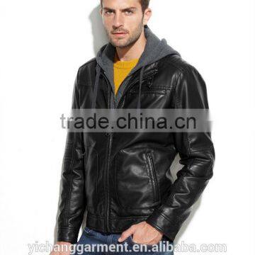 Men's faux biker leather jacket with front zip closure