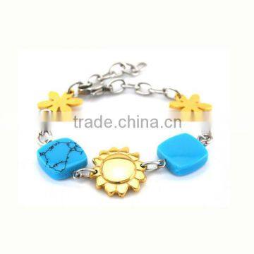 Charming fashion blue turquoise stone sunflower china jewelry stainless steel bracelets surgical stainless steel jewelry LB2040