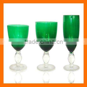 Hand blown green colored wine glass thick stem drinking glass.