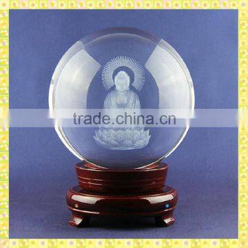 80mm Crystal Ball Laser Engraved Crystal 3D Buddha With Red Wooden Base