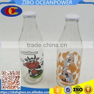 Glass milk bottle with metal lid printing decal glass milk beverage bottle