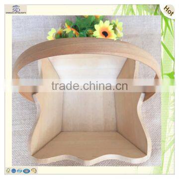 Hand Carved Large Arched Handle Wood Flower Basket