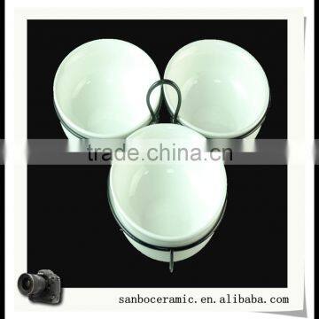 3pcs White Ceramic Bowls With Black Metal Holder Set In Stock Wholesale photo-2