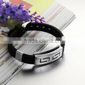 New Fashion Jewelry Silicone Rubber Silver Sleepy Hollow Strip Grain Stainless Steel Men Bracelet Bangle photo-4