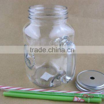 Glass Mason Jars , Drinking Jar , Glass Mason Jar With Handle and Metal Lid Straw photo-3