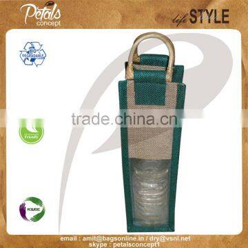 One bottle jute wine bag with wooden cane handle