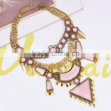 Fashion Women Pink Arcylic Gems Gold Plated Alloy Necklace Jewelry photo-4
