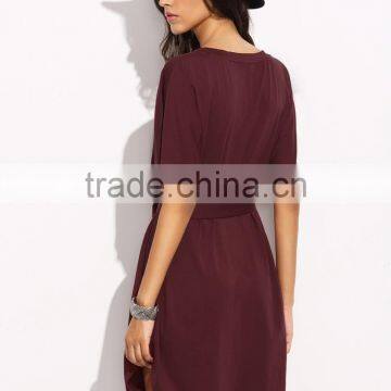 Burgundy Self Tie Curved Hem Dolman Sleeve Dress 95% Cotton 5% Spandex Curved Hem Casual Belted Dress photo-5