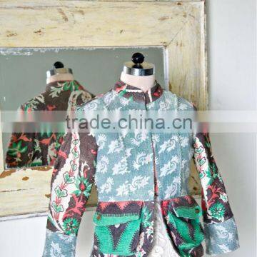 Vintage Kantha Jacket in Dirty Green & Brown ~ Small photo-1