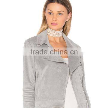 Autumn 2018 Lady Clothing Silver Faux Suede Zip up Motorcycle Jacket photo-5