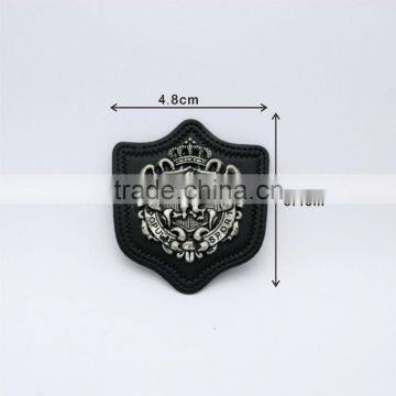 Black PU leather patch sew on label metal alloy logo antique silver color for jeans/sportswear PLB-004