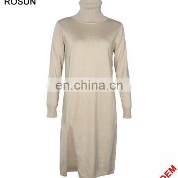 Women Turtleneck Long Sleeves Ribbed Split Side Knit Dress