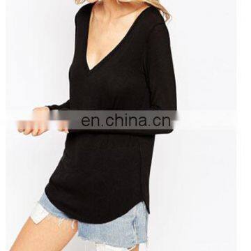 Loose fitted Sexy fashion woman deep v neck blouse in long sleeves design