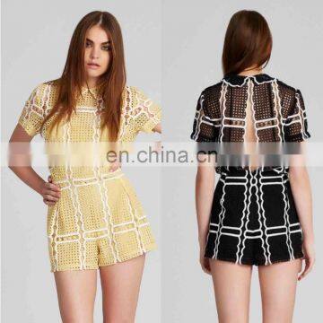 Short sleeve yellow/black with white sexy short jumpsuit with hollow out women dresses