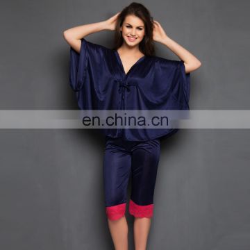 2 Pcs Satin Nightwear Set in Navy & Pink - Kaftan Top & Pyjama