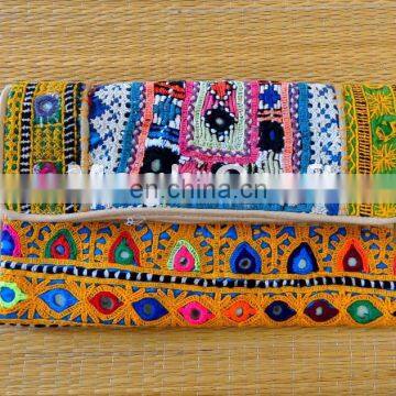 Handmade Patchwork clutch- Kutchiwork Pompom Clutch Bag- Boho beads mirror embroidery- Bohemian Banjara Clutch purse