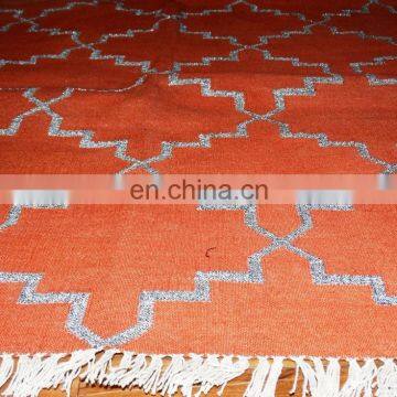 Vishal Handicraft-60x36" Orange & Silver Hand Woven Indian Cotton Carpet/Floor Throw Indian Kangri Style Rug Wholesale