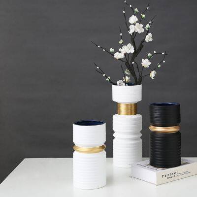 Thread Drawing Gold And Black White New Chinese Ceramic Crafts Vase For Office photo-2