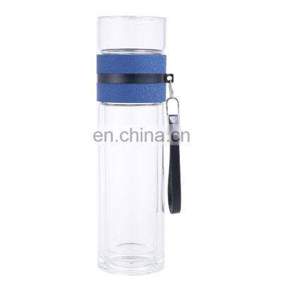 Portable business 500ml double wall glass drinking bottle with lift ring