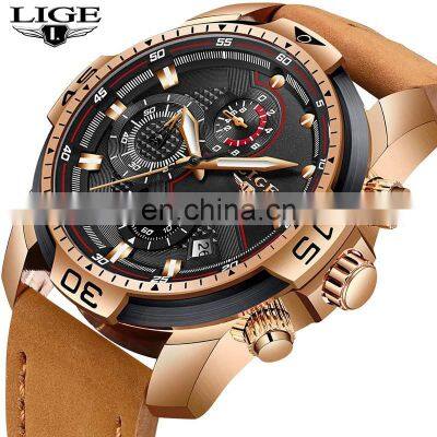 LIGE 9923 Mens Quartz Watch Multifunction Chronograph Fashion Waterproof Leather watch men luxury