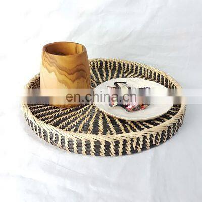 Handwoven Dual Tone Rattan Round Tray, Ottoman Tray, Coffee Table Tray Wholesale Vietnam Supplier