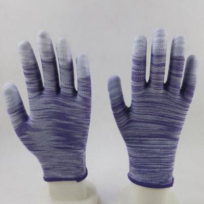 purple and white polyester knitted PU fingers coated safety work gloves anti-dirt breathable comfortable flexible