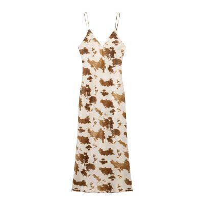 European and American style foreign trade women's clothing new 2025 fashion silk texture printed MIDI dress