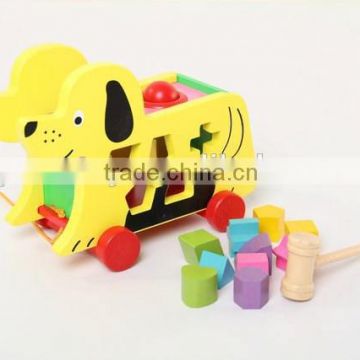 Wooden dog pull along toys for toddlers with wooden hammer