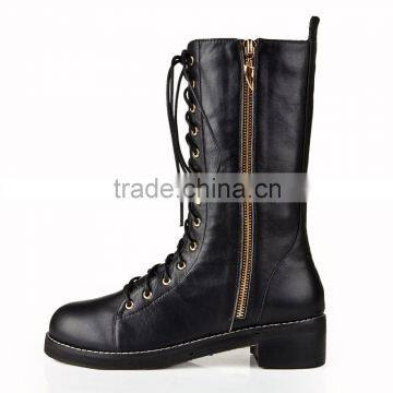 Fashion Ladies Black Real Leather Flat Heel Tie Up Half Boot photo-4