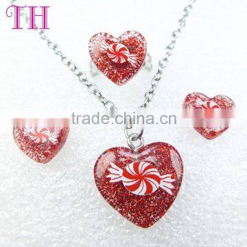 2016 fashion lovely resin red heart shape cheap kids jewelry set for party girl