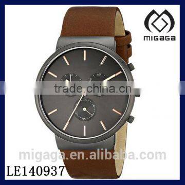 Fashion Men's Quartz/Chronograph Stainless Steel Dark Brown Watch*Genuine brown leather strap chronograph quartz watch