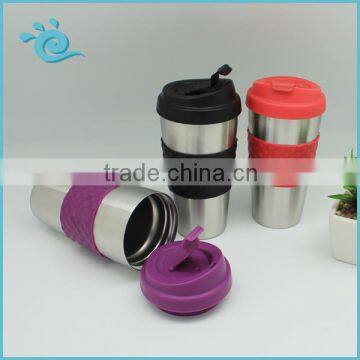 Good Quality 450ML Double Wall Stainless Isolated Coffee Mug with Anti-Slip Sleeve and Slant Lid