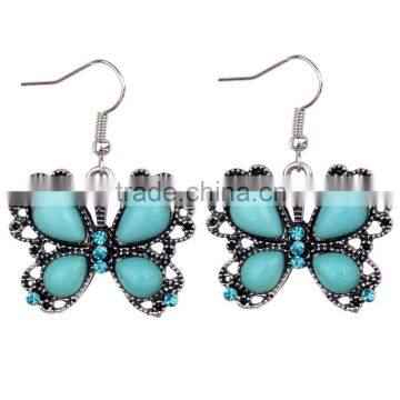Fashion Design Wholesale Cheap Jewelry Turquoise Crystal Butterfly Shape Dangling Antique Silver Hook Earrings Girlfrend Gift photo-2