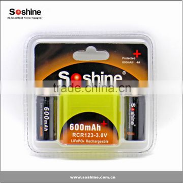 Soshine RCR123 16340 3.0V / 3.2V 600mAh rechargeable battery