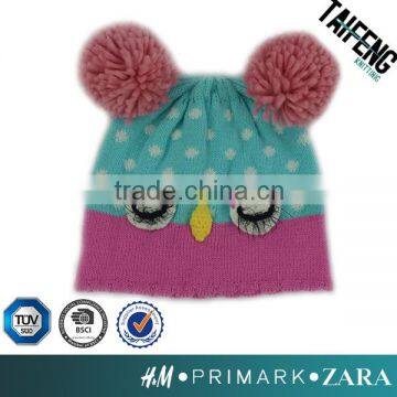 Lovely Girl animal jacquard knit hat/ acrylic owl face knitted beanie with pom pom ears