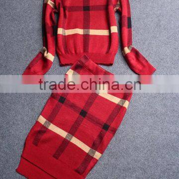 Autumn winter woman multi-colored pullover plaid sweater and knitted pencil skirt