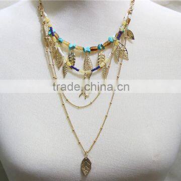 Gold Layered Set Necklace w/Turquoise Stone Seedbead Cloudybead Goldtone Leaf Necklace 2016 Fashion Style Wholesale