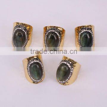 Natural Labradorite Stone Ring, Metal Gold Plated Ring, Pave Setting Crystal Jewelry Finger Gold Plated Druzy Ring