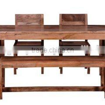 Solid wood natural finish six sitter wooden dining set with bench