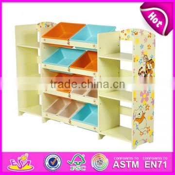 2015 New and Popular design wooden toy organizer for kids with 12 bins,storage organizer with plastic storage bins W08C037