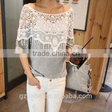 Plus Size 2015 Summer Casual Blusas Women Fashion Clothing Black Gray Girls Lace Blouses Dress Woman Roupas Shirts photo-2