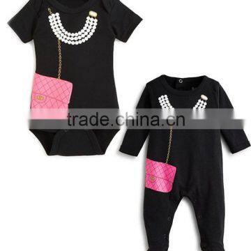 Newborn Baby Clothes Pearl Necklace And Purse Graphic Baby Bodysuit Baby Girls Romper Kids Clothing 2016 HSD5621