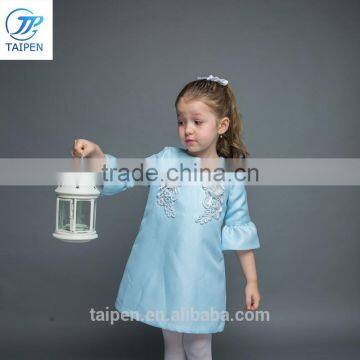 Girls A-line Puff Sleeve Dresss With Flower Pattern Blue Stain Dress Designs For Girl OEM Service