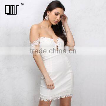 Crochet lace trim bardot dinner dress off shoulder short bodycon party dress