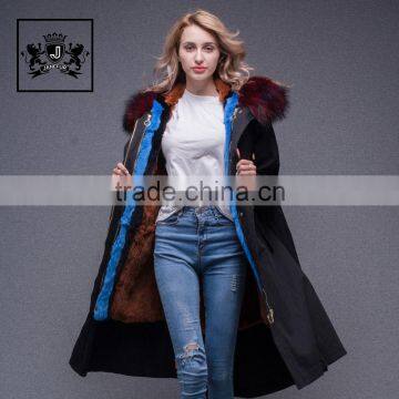 Wholesale fashionabel women long sleeve winter real raccoon fur collar real rabbit fur lined parka with embroidery